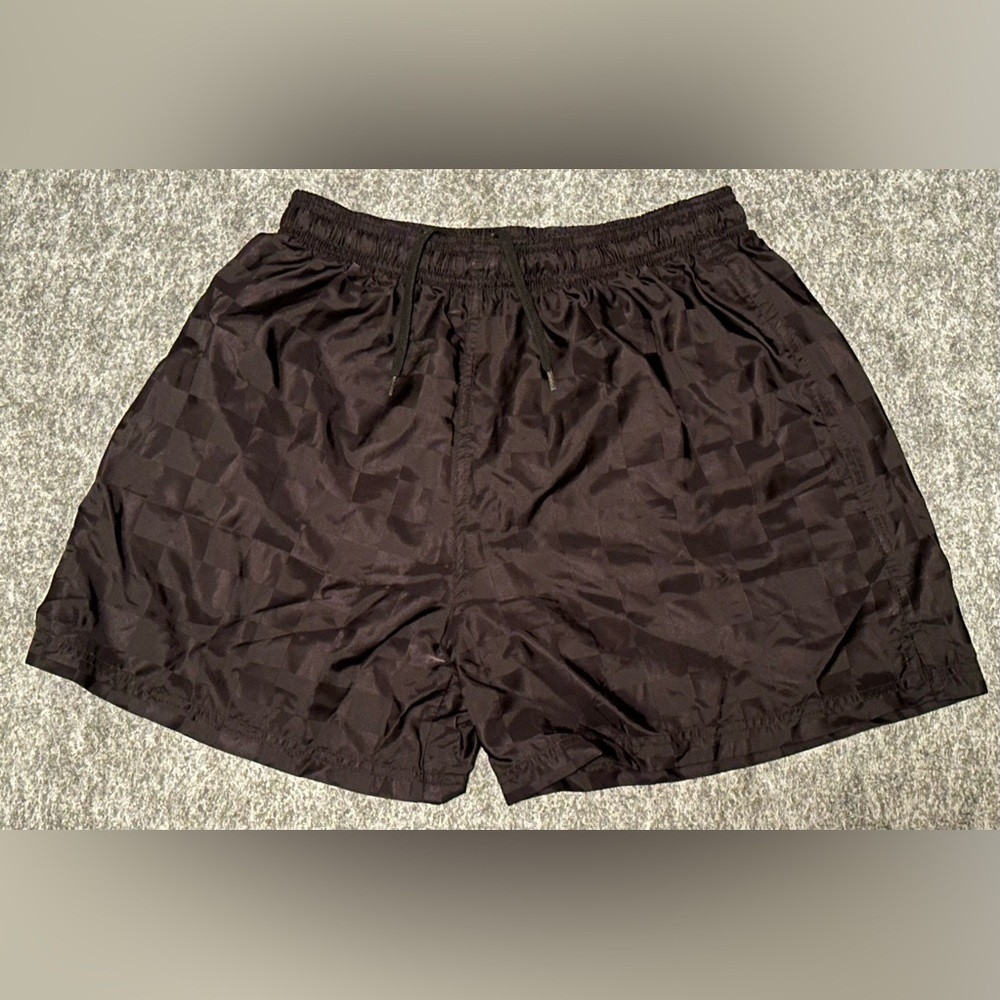 Vintage Mens Premier Black Checkered Satin Nylon Soccer Training Shorts- Medium